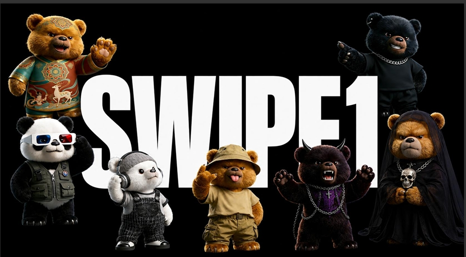The full lineup of Swipe1 SwipeBear characters beneath the SWIPE1 wordmark, the platform's collectible mascot identity