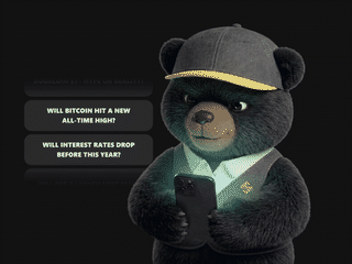 The Swipe1 SwipeBear mascot swiping through a feed of prediction market cards on a phone, right before you sign up