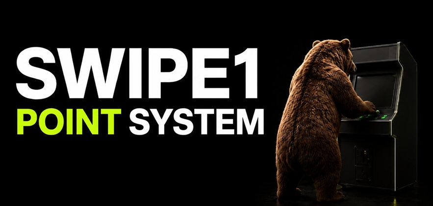 SWIPE1 Point System: a bear mascot at an arcade cabinet, illustrating the points-to-airdrop program